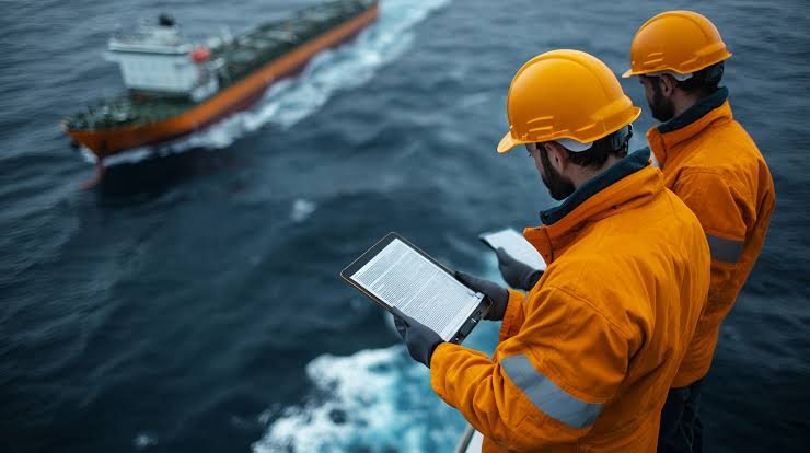 Officers reviewing vessel documentation at sea
